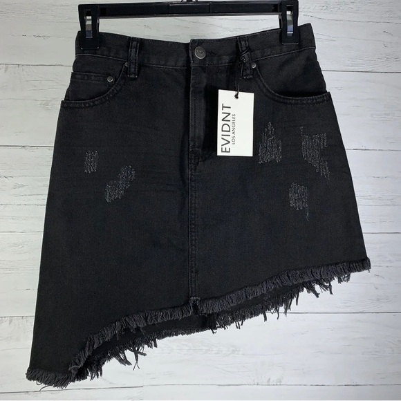 EVIDNT | Black Denim Asymmetrical Skirt 25 Distressed Raw Hem - Picture 3 of 9